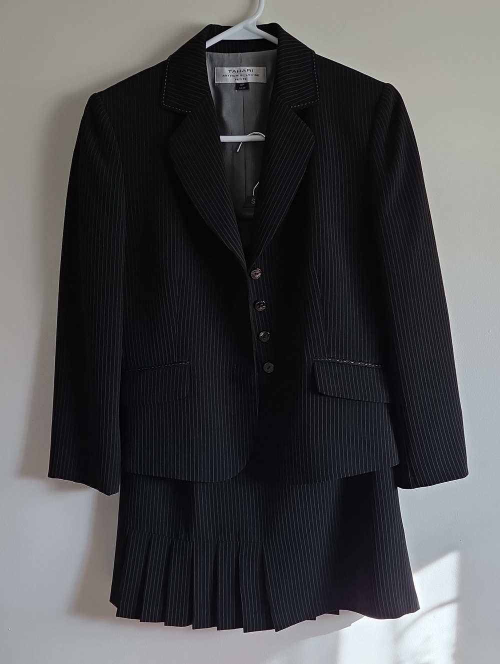 Tahari ASL Black Pinstripe Women's Blazer & Pleated Skirt Set
